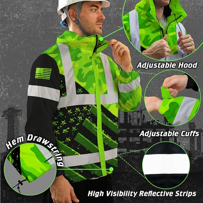 Color US Flag High Visibility Hoodie for Men Women Reflective Tapes Safety Workwear for Worker Runner Patriotic