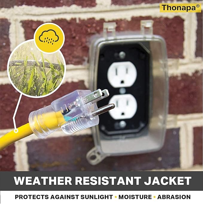 2 Pack Lighted Outdoor Extension Cord 10 ft - 12 Gauge 15 Amp Heavy Duty Power Extension Cords - SJTW - Great for Major Appliances, Power Tools, Garden Supplies - Yellow