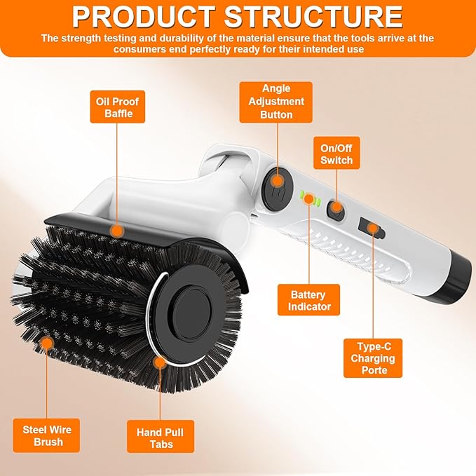 HHXRISE Electric Grill Brush for Outdoor Grill: Rechargeable BBQ Grill Cleaner with 2 Heads (Steel Wire & Flame Resistant Sponge) - 2-Speed - 90°Adjustment - Effortless Grill Grates Cleaning