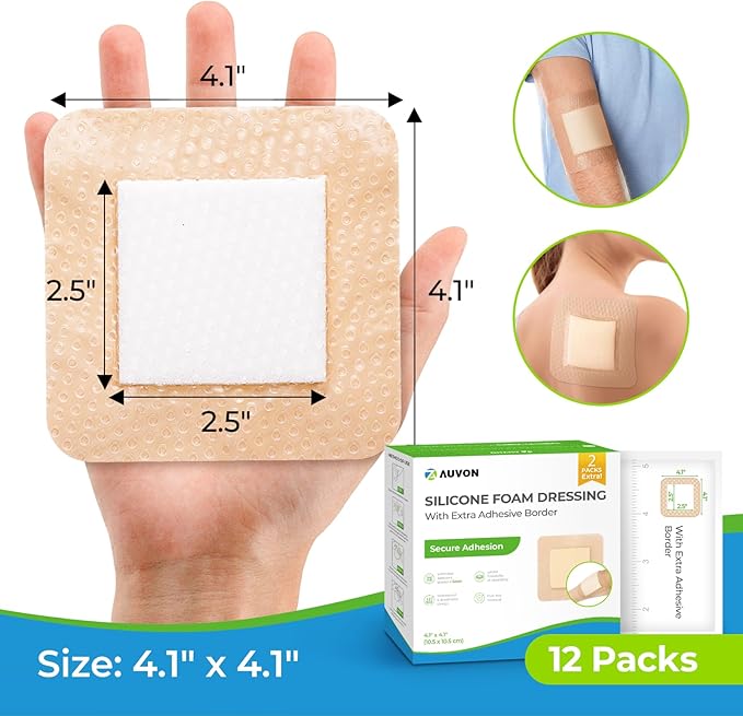 AUVON Silicone Foam Dressing with Large Adhesive Border, 4" x 4" 12 Packs Wound Dressing Bandage with High Absorbency, Waterproof Silicone Foam Pads for Wound Care & Protection Plus Cushioning