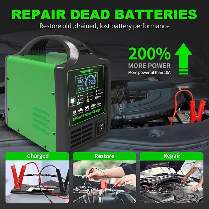 12V/24V Heavy Duty Car Battery Charger, 0-15A Smart Trickle Charger Automatic Battery Maintainer Desulfator with Auto Shutoffs, Repair & Winter Mode, Fast/Slow Rates for Boat, Motorcycle, Lawn Mower