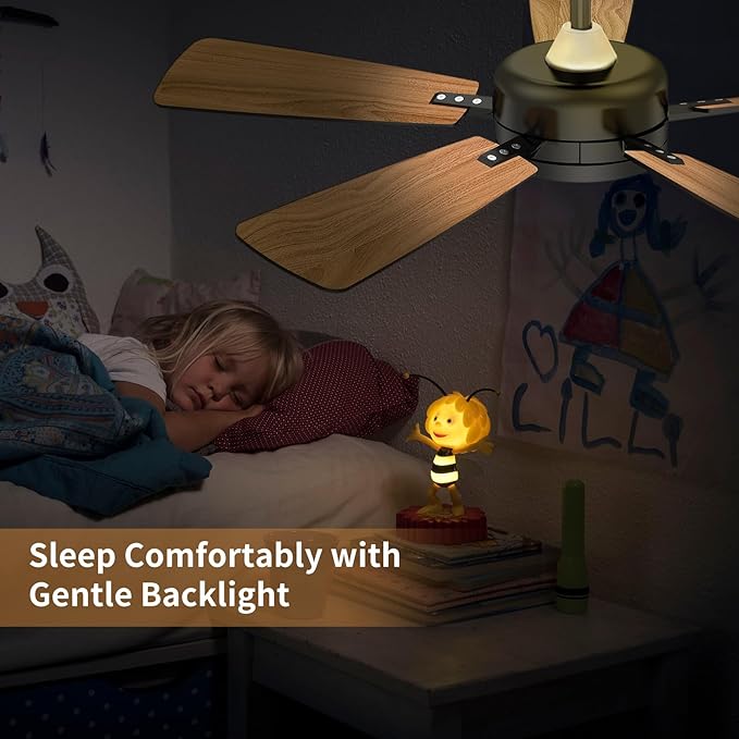 ocioc 46 Inch Ceiling Fans with Lights, Large Air Volume Ceiling Fan with Night Light, Ultra Quiet Reversible DC Motor Dimmable with Remote（Black）