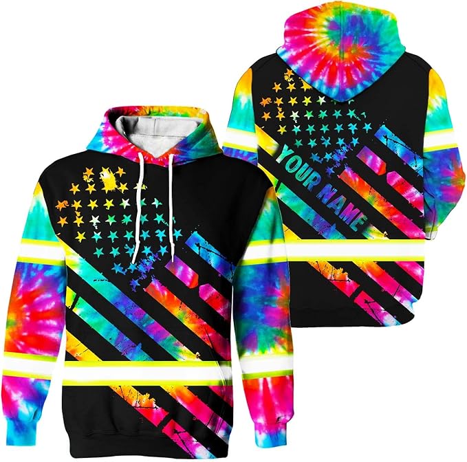 Color US Flag High Visibility Hoodie for Men Women Reflective Tapes Safety Workwear for Worker Runner Patriotic