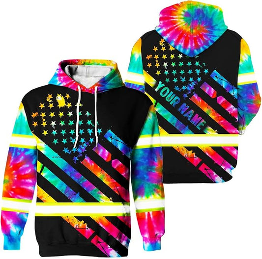 Color US Flag High Visibility Hoodie for Men Women Reflective Tapes Safety Workwear for Worker Runner Patriotic