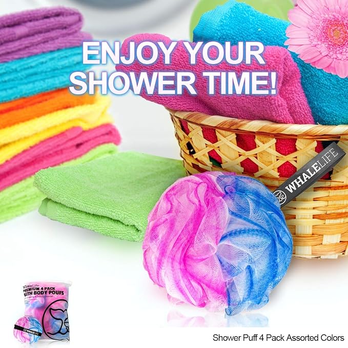 Loofah Sponge Bath Sponge for Women Men 4 Pack (Blue Pink Conbine)