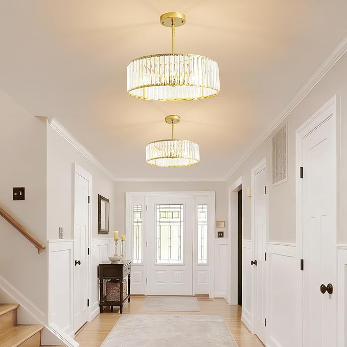Modern Crystal Chandelier for Dining Room,16 Inch Gold Semi Flush Mount Ceiling Light Fixture,Round Kitchen Hanging Drum Pendant Lights Ceiling for Bedroom Foyer Hallway， 4-Light