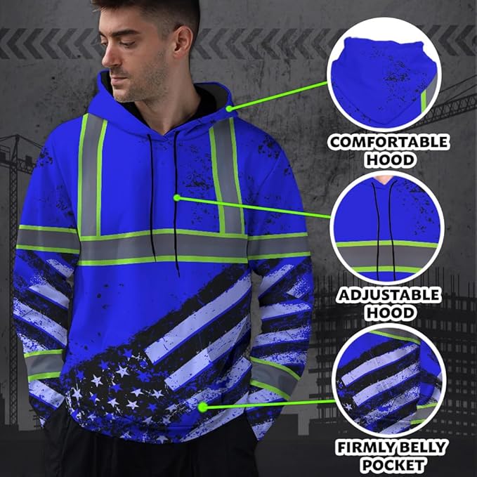 Color US Flag High Visibility Hoodie for Men Women Reflective Tapes Safety Workwear for Worker Runner Patriotic