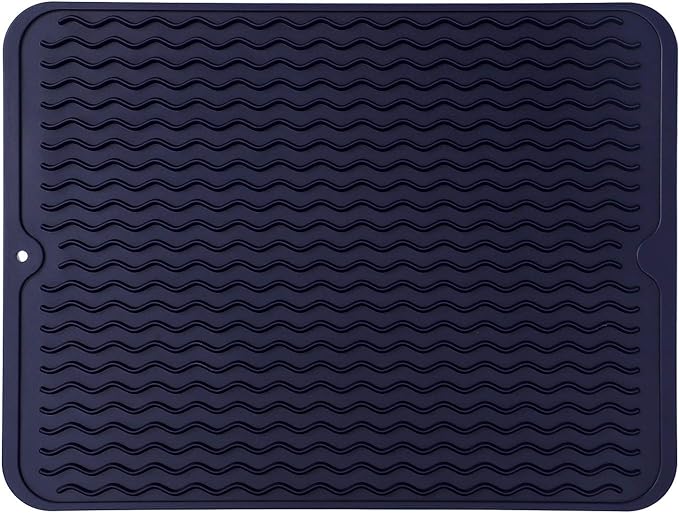 Silicone Dish Drying Mat for Multiple Usage,Easy clean,Eco-friendly,Heat-resistant Silicone Mat for Kitchen Counter or Sink,Refrigerator or drawer liner Navy Blue L 16 inches x 12 inches