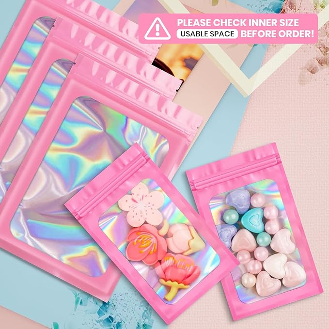 Funfery 100 pcs Pink Smell Proof Mylar Holographic Bags Packaging Bags,2.4x3.9Inch Clear Resealable Odor Proof Bag Foil Pouch Bag for Food Storage,Lipgloss,Jewelry,Eyelash Packaging Small Business