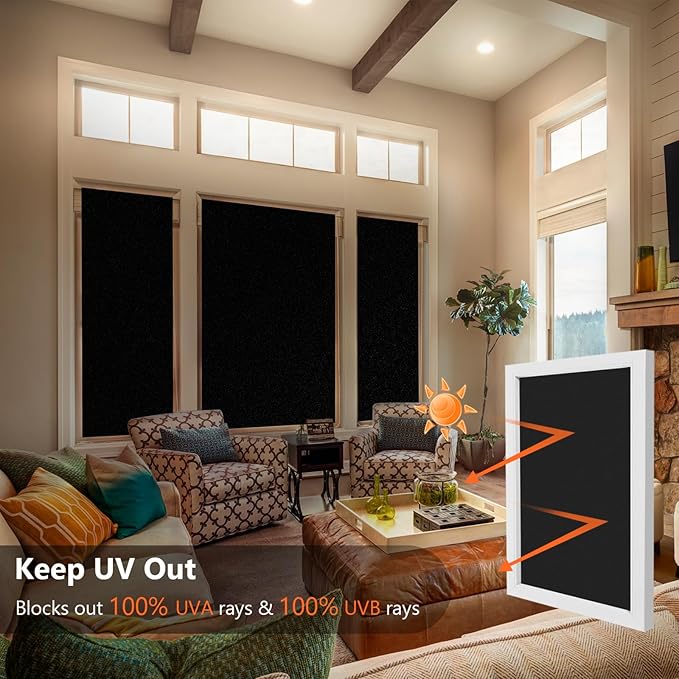 Kromapolis Blackout Window Privacy Film Total Light Blocking Room Darkening Window Covering, Removable Static Cling Frosted Glass Tint, Non-Adhesive, Black 17.5'' x 118.1''