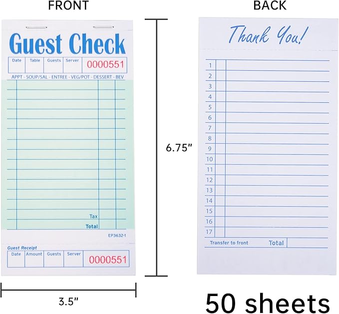DGBDPACK Guest Checks Server Note Pads, 1000 Total Waitress Notepad for Restaurants (20 Books)