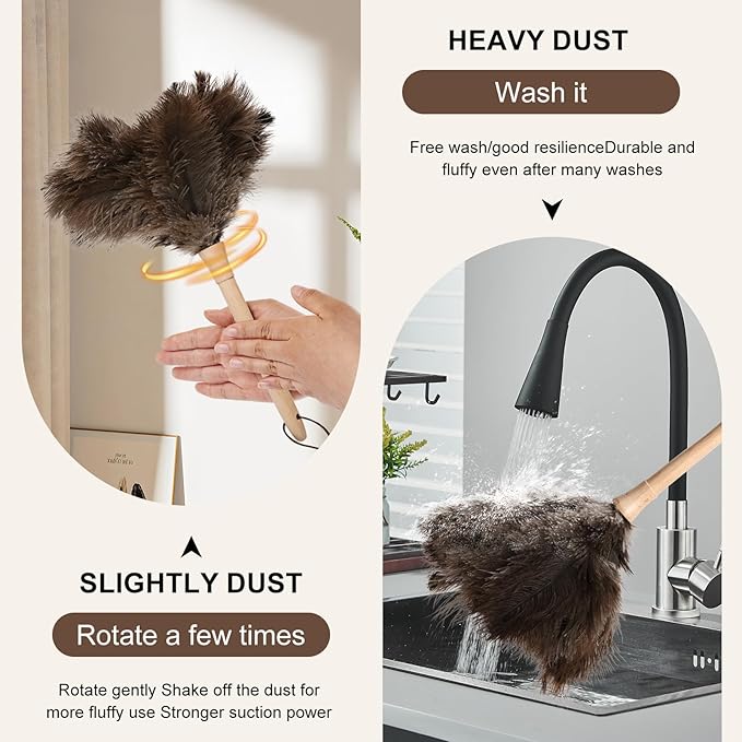 Ostrich Duster Fluffy Natural Feather Dusters with Wooden Handle Cleaning Supplies for Home Office CarDaieeparty (1, 16inch)