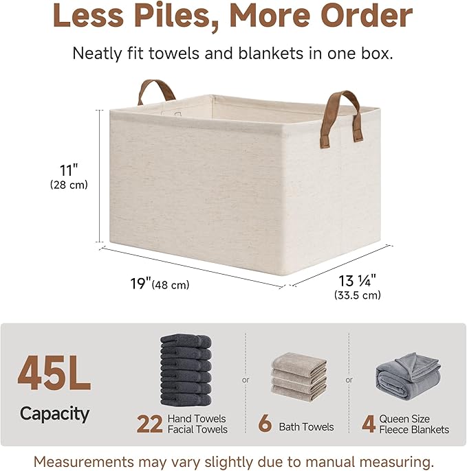 StorageWorks Storage Bins, Shelves Baskets for Organizing, 45L Extra Large Fabric Closet Organizers with Handles, Metal Frame, Beige（Cotton-linen）, 2-Pack