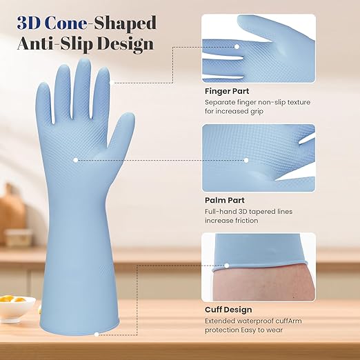 Rubber Kitchen Dishwashing Gloves - 3 Pairs Reusable Household Cleaning Gloves, Flexible and Durable & Non-slip Cleaning Gloves, Great for Kitchen, Bathroom, Laundry (Small, Pink+Blue+Grey)