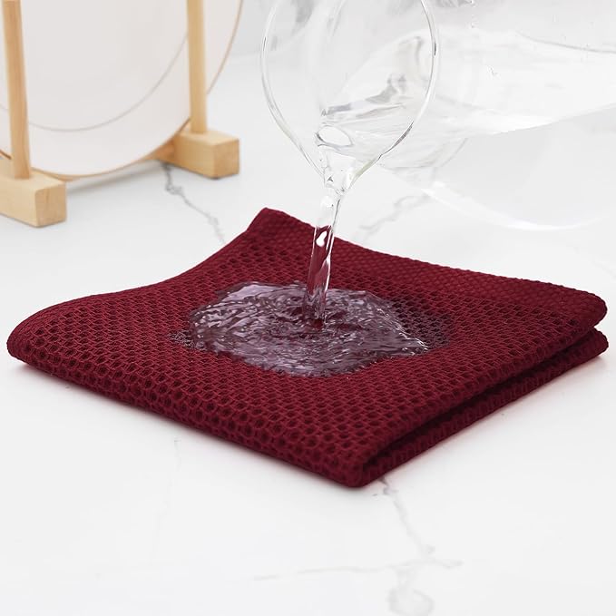 Kitinjoy 100% Cotton Kitchen Dish Cloths, 8 Pack Waffle Weave Ultra Soft Absorbent Dish Towels for Drying Dishes Quick Drying Kitchen Towels Dish Rags, 12 X 12 Inches, Burgundy