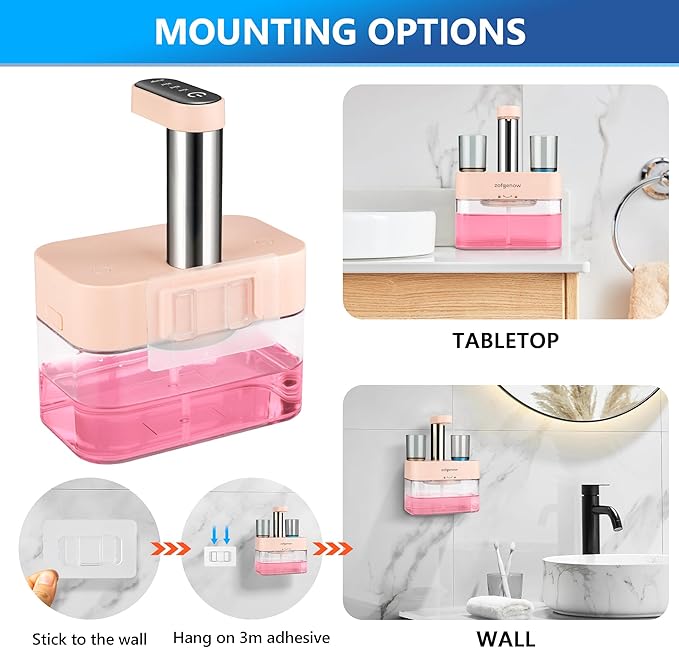 Upgraded Automatic Mouthwash Dispenser for Bathroom,Bathroom Accessories 17.6 FlOz Dispensers with Magnetic Cups,Adjustable Dispensing Levels, Pink