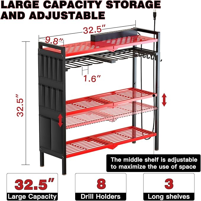 Large Power Tool Organizer Cart with Charging Station 8 Drill Holder Garage Storage Standing Heavy Duty and Stability Storage Rack Utility Tool Shelf (Red)