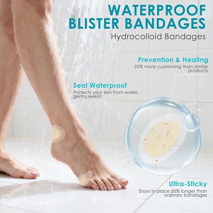 50ct Blister Bandages for Feet Hydrocolloid Bandages Waterproof Blister Cushion for Feet Toes Heels Blister Pads for Prevention Variety Pack