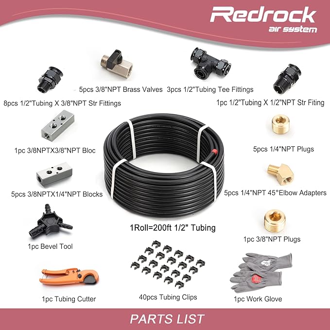 Compressed Air Line Kit 1/2" x 200ft 5-Ways Out Black HDPE Aluminum Air Compressor Piping for Garage LeakProof&Easy to Install Air Hose Kit Air Compressor Accessories 200PSI