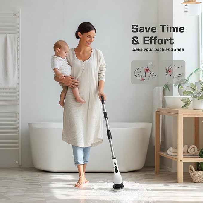 Kingwell Electric Spin Scrubber, Cordless Electric Scrubber for Cleaning with 9 Brush Heads, 2 Speeds,3 Adjustable Handle, 90Mins Work Time, Shower Scrubber for Bathroom, Tub, Floor,White