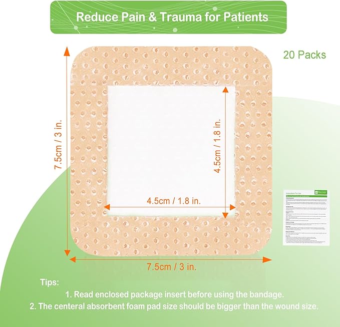 NeuHeils Silicone Foam Dressing with Gentle Border 3''x3'', 20 Packs for Bed Sore Pressure Ulcer, High Absorbency Waterproof Silicone Wound Bandage Patch