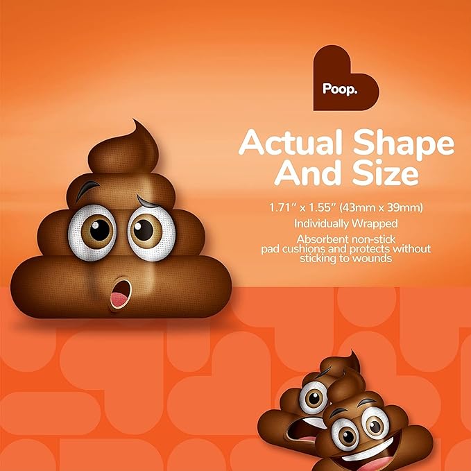 BioSwiss Kids Bandages, Poop Shaped Self Adhesive Bandage Set, Latex Free, Sterile Wound Care, 50 Count