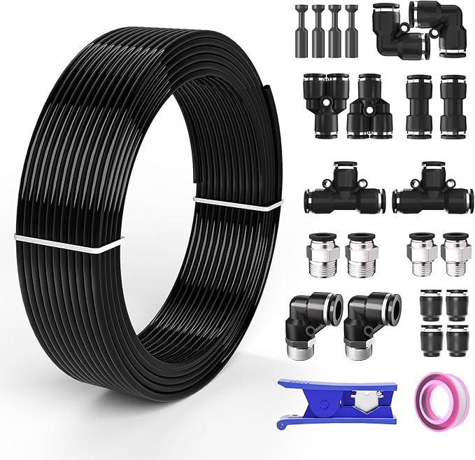 1/2 Air line,1/2 inch OD Air Hose Kit,Airline Tubing Repair Kit Compressor Tube with Push to Connectors Fittings(Black-32.8FT/10M)