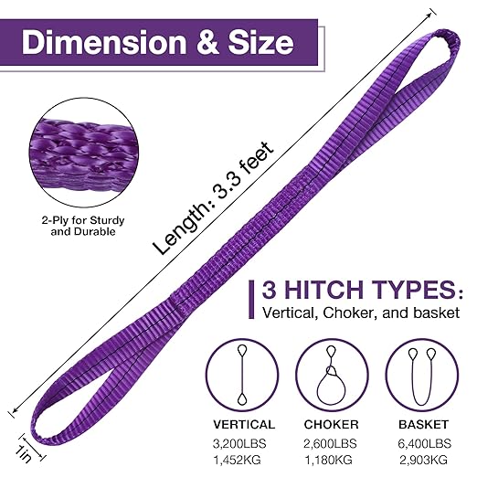 Lift Sling Straps,1" x 3.3' 2-Ply Heavy Duty Flat Eye Lift Slings,Polyester Lifting Strap Nylon Tree Saver Recovery Strap Web Sling Rigging Moving Tow Hoist Gear Straps 3200 lb 2600 lb 6400 lb 2 Pack