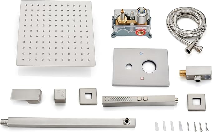 Shower Faucet Set Rainfall Shower System with Square Showerhead and Handle Set Fixture with 2 in 1 Function Handheld Sprayer Wall Mounted Trim Repair Kit Rough-in Valve 10 Inch Brushed Nickel