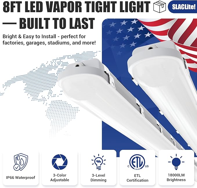 8FT LED Vapor Tight Light 120W/100W/80W,3/4/5000K CCT Selectable 18000lm (150W Eq.) IP66 Waterproof Shop Light 8feet LED Vapor Proof Fixture for Parking Garage Car Wash Warehouse ETL 2-Pack