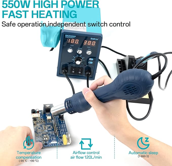 BK8586D Soldering Station 2-In-1 SMD Hot Air Rework Station,Solder Iron Station Kit for Electronics, 5 Soldering Tips, 2 Hot Air Nozzles,Tweezers, Solder Wire,Desoldering Pump,Solder Sucker