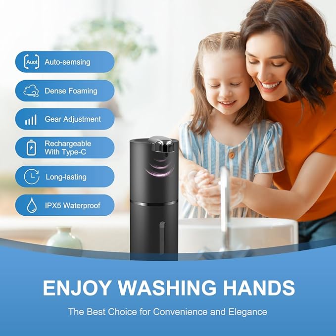 Automatic Foaming Soap Dispenser, Wall Mount Touchless 4 Gear Adjustable Electric Soap Dispenser,USB Rechargeable with Infrared Motion Sensor (Black, 12.8oz)