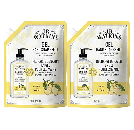 J.R. Watkins Gel Hand Soap Refill, Moisturizing Hand Wash, Formulated with Plant-Based Cleansers, Alcohol-Free, Cruelty-Free, Lemon, 34 Fl Oz, 2 Pack