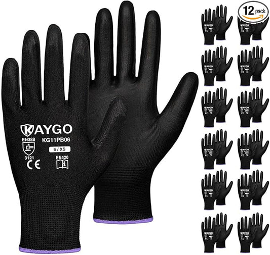 KAYGO Safety Work Gloves PU Coated,12 Pairs KG11PB Seamless Knit Glove for Men and Women, with Smooth Grip on Palm and Fingers, Ideal for General Duty Work (X-Small, Black)
