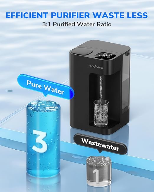 Ecoviva Mate 3 Countertop Reverse Osmosis Water Filter, 8-Stage RO Water Filtration System with 40oz Water Purifier for Home, 3:1 Pure to Drain, Auto Water-Filling, NSF Certified