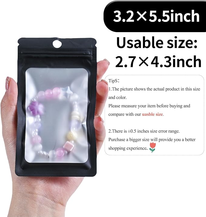 100 Pack Resealable Plastic Bags for Food Storage, Zipper Bags with Clear Front Window, Packaging Pouch for Small Business (Black, 3.2x5.5 inch)