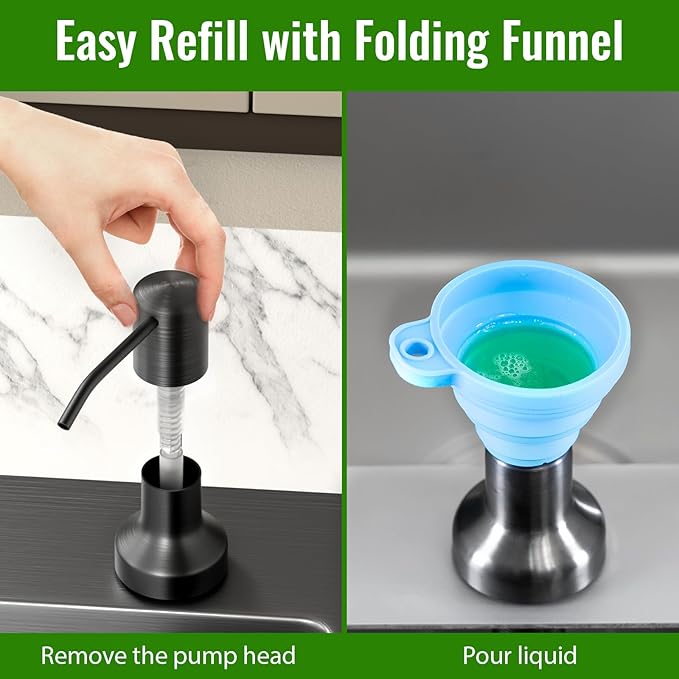 Soap Dispenser for Kitchen Sink, Kitchen Sink Soap Dispenser with 17 OZ Bottle, Refill from The Top Bar, Longer Threaded Shaft Shank, Wide Pump Head Base (Gray)