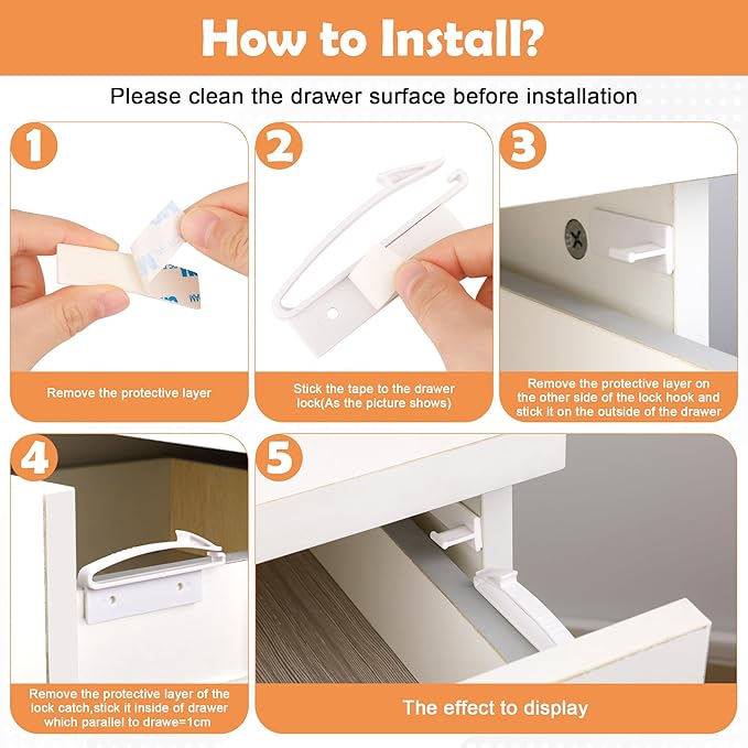 Coolrunner Child Safety Drawer Locks, 8 Pack Safety Invisible Drawer Latches with Strong Adhesive for Baby Care,Only fit for Some Drawer, Please See Below Before Buying