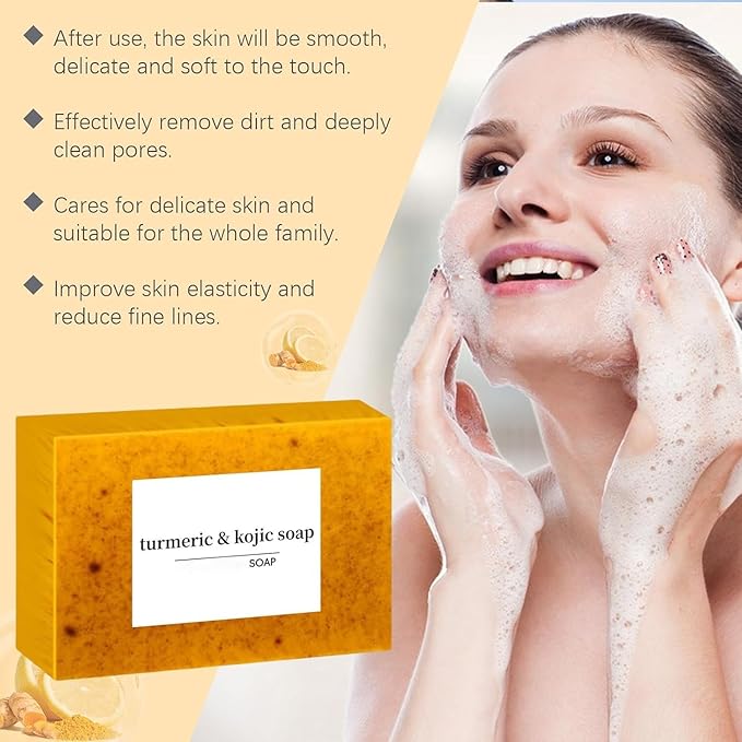 Turmeric Wash and Care 4 Piece Set - Lemon Turmeric Kojic Soap Bar & Cleansing Pads & Face Wash & Essential Oil, Jabon de Curcuma, Deep Cleansing Exfoliating Scrub Pads for Face & Body (A)