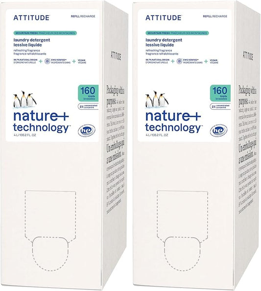 ATTITUDE Liquid Laundry Detergent Refill, EWG Verified, HE Compatible, Plant-Based & Vegan, Natural Laundry Soap, Mountain Fresh Scent, 160 Loads, 135.26 Fl Oz (Pack of 2)