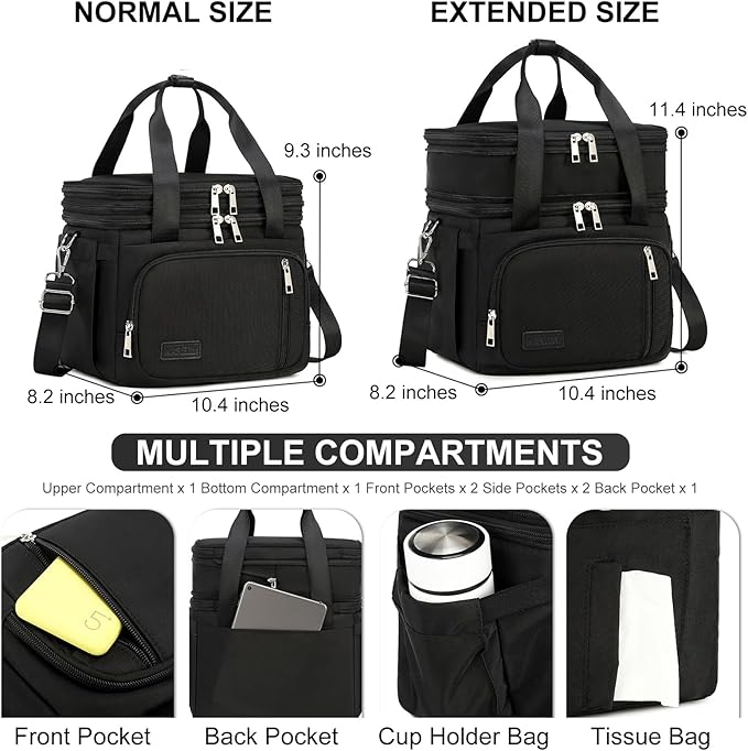 Lunch Box for Men Women - Double Deck Insulated Lunch Bag, Large Leak Proof Tote Cooler, Wide Open Dual Compartment Lunch Bags with Shoulder Strap, For Work Picnic Hiking Beach, Black