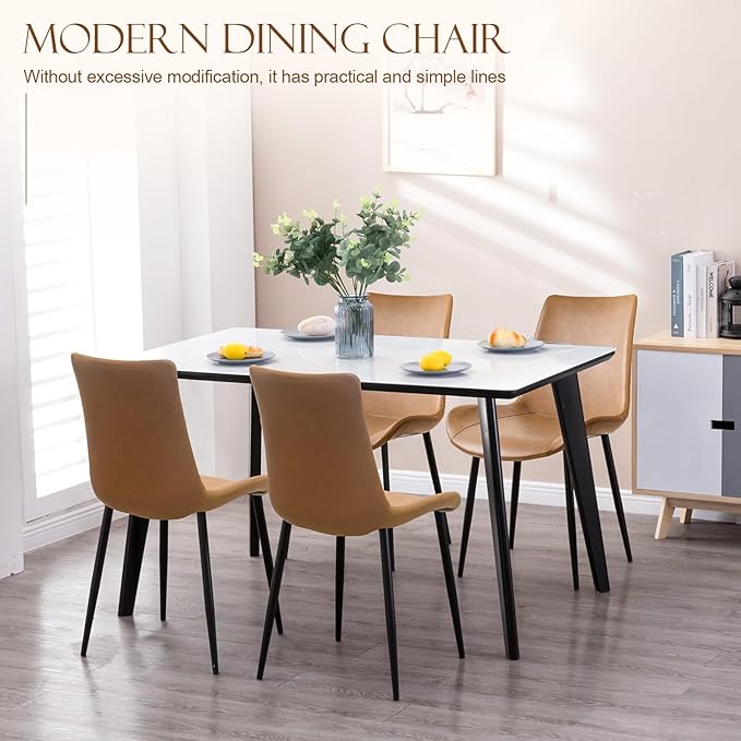 Dining Chairs, Modern PU Leather Dining Room Chair with Sturdy Metal Legs, Upholstered Seat Dinner Chairs Accent Side Chairs for Indoor Kitchen Living Room (Brown, Set of 4)