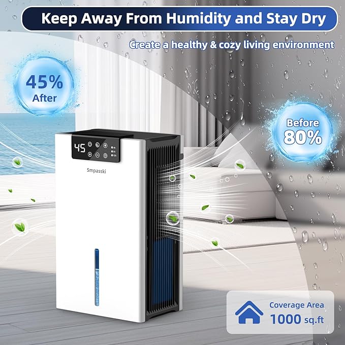 Dehumidifier, Dehumidifiers for Home(1000sq.ft), 98 OZ Water Tank, Dehumidifier Washable Air Filter, Dehumidifiers for Basement Bedroom Bathroom, Auto Shut Off, Timer Setting, 7 Colors Light, White