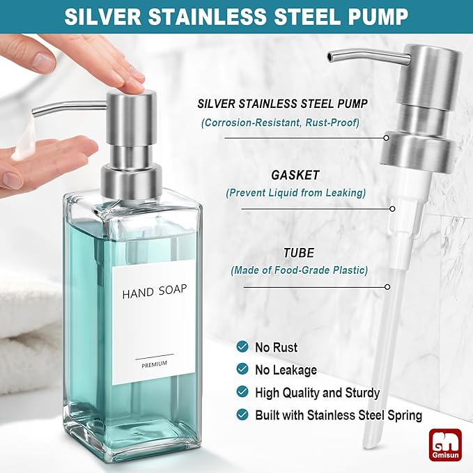 GMISUN Glass Soap Dispenser with Stainless Steel Pump, Clear Hand Soap Dispenser for Bathroom, 12 fl oz/350ml Hand and Dish Soap Dispensers Set for Kitchen, Refillable Liquid Soap and Lotion Bottle