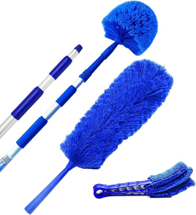 Extension Rod & Blue Extension Cobweb Duster Ultimate Dusting Kit - Extendable Reach 20 feet, Ceiling Fan Duster, Long Handle Aluminum Telescoping Pole, Webster Duster for Cleaning