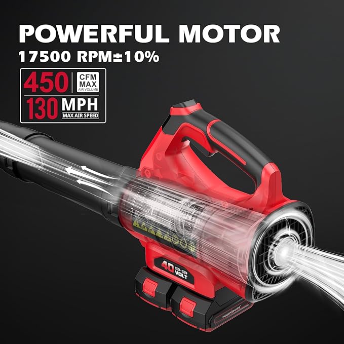 PowerSmart 40V Cordless Leaf Blower 450 CFM/130 MPH Dual 2.0Ah Batteries & Fast Charger, Lightweight Brushless Motor for Lawn Care,Garden Debris, Snow Blowing