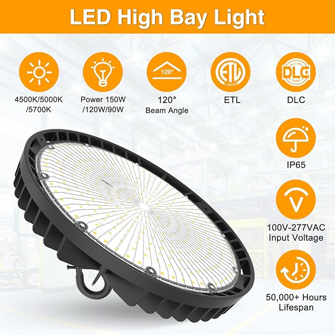 UFO LED High Bay Light 150W 120W 90W Adjustable High Bay LED Shop Lights 4500K 5000K 5700K Tunable 0-10V Dimmable for Warehouse Garage ETL DLC Listed AC100-277V (2 Pack)