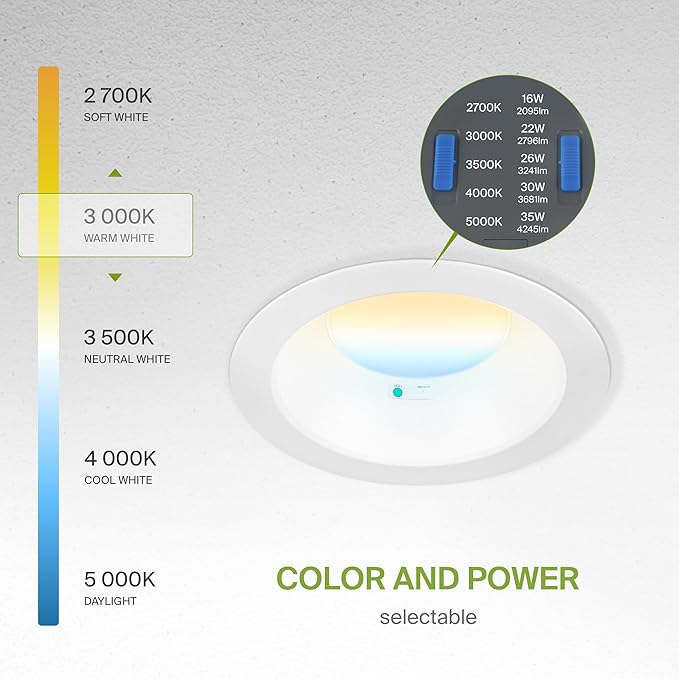 ASD Commercial LED Downlight 8 Inch with Emergency Battery Backup 15W, Power Adjustable Downlights 16/22/26/30/35W, Recessed Lighting 120-277V, 5 CCT 2700K-5000K, Dimmable, IC Rated, White ETL, 4 Pack