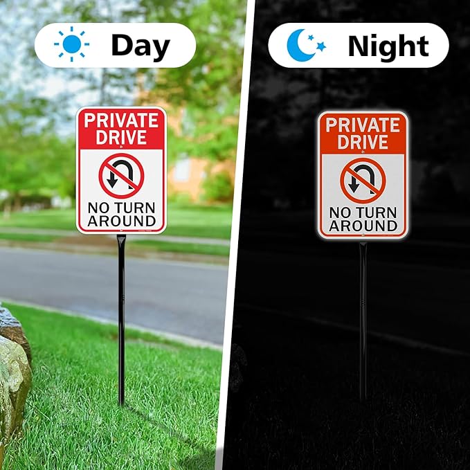 GicnKeuz Private Driveway No Turn Around Signs with 36" Heavy Duty Metal Stakes, 14"x10" .040 Aluminum Reflective Signs, Fade Resistant/Waterproof, Including Screws, Easy to Install, Outdoor Use (1 Pack)
