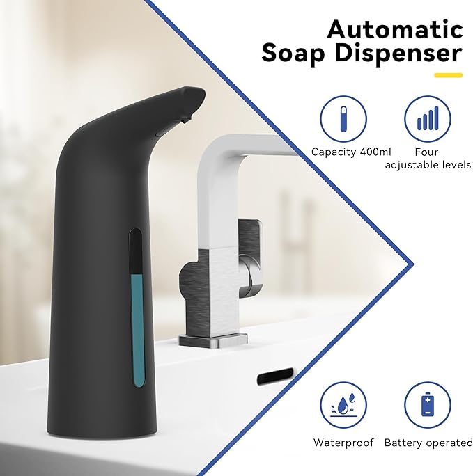 Automatic Touchless Soap Dispenser with 4 Adjustable Levels，400ml Battery Operated Liquid Hand Sanitizer Pump for Kitchen Sink, Bathroom Countertop-Infrared Sensor, Plastic, Waterproof Design